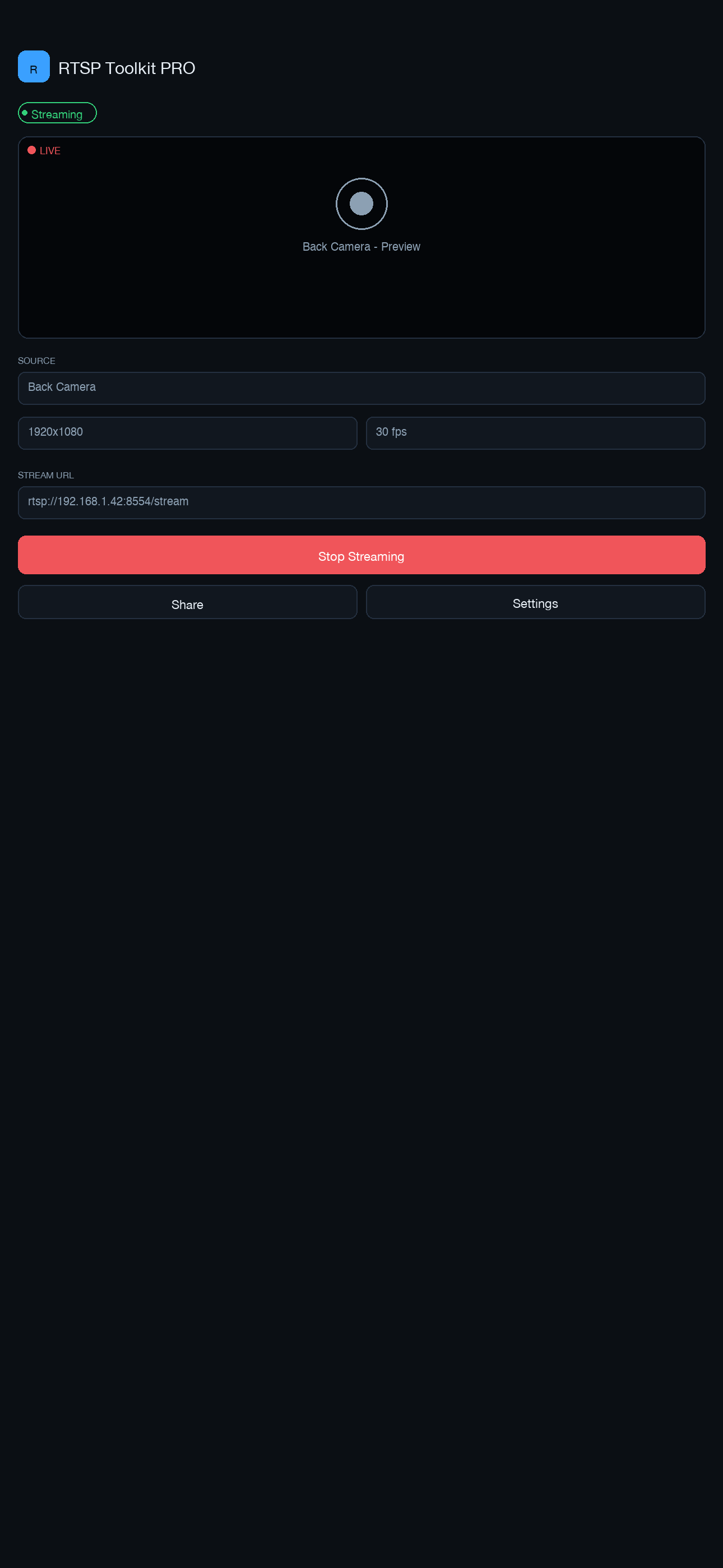 RTSP Toolkit — Stream screen
